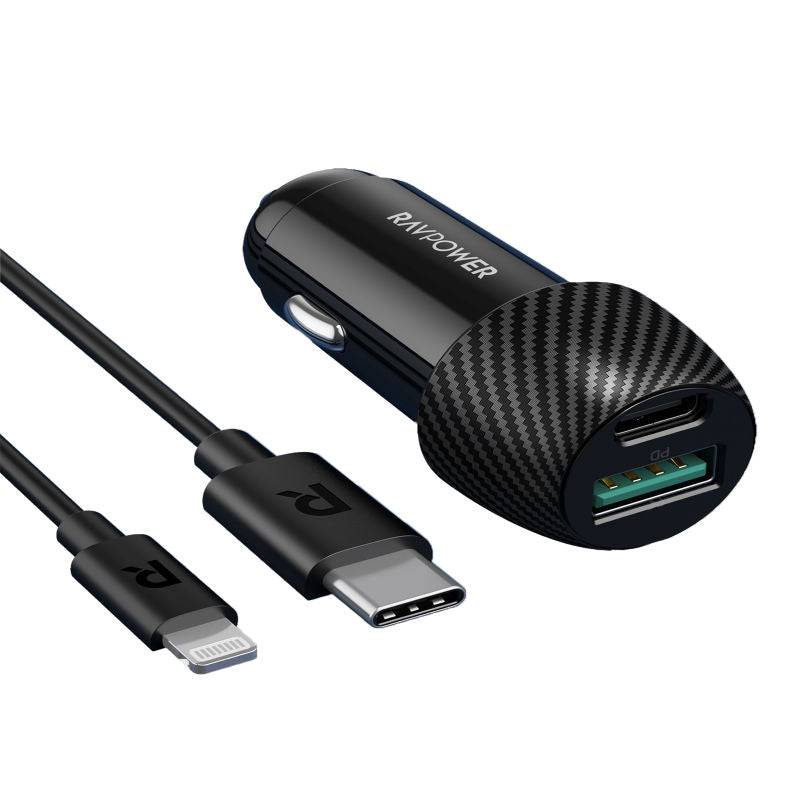 RAVPower car charger installed in vehicle 12V socket with integrated meter cable