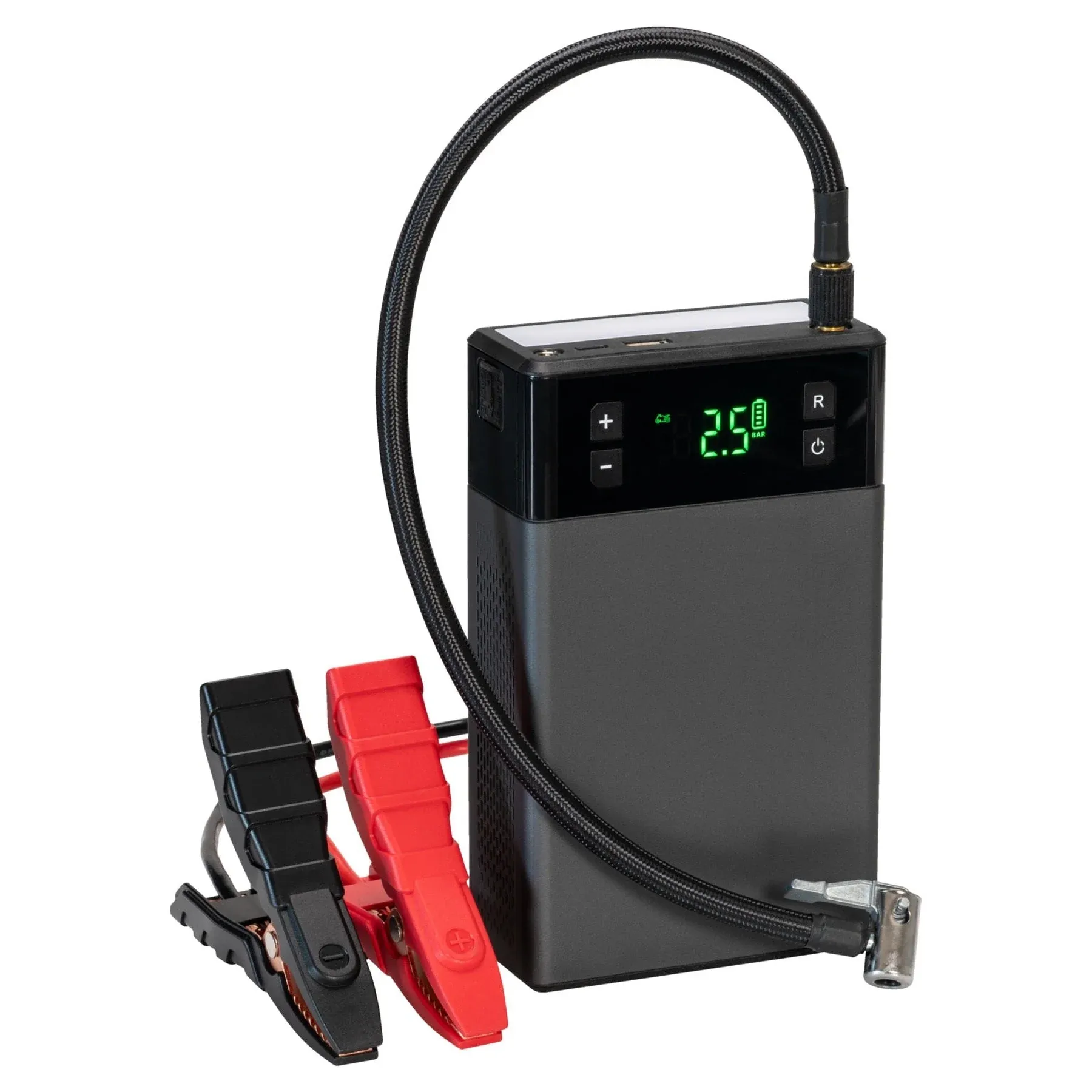 Jump starter cables and air compressor nozzles included in package