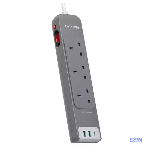 Close-up of three power outlets and USB charging port on RAVPower strip