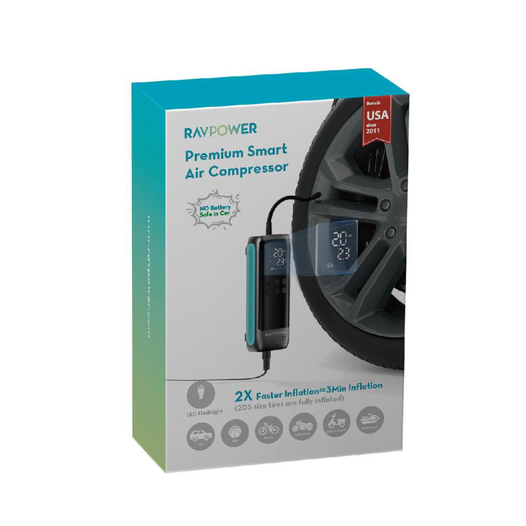 RAVPower car tire inflator with power cable and valve adapters included