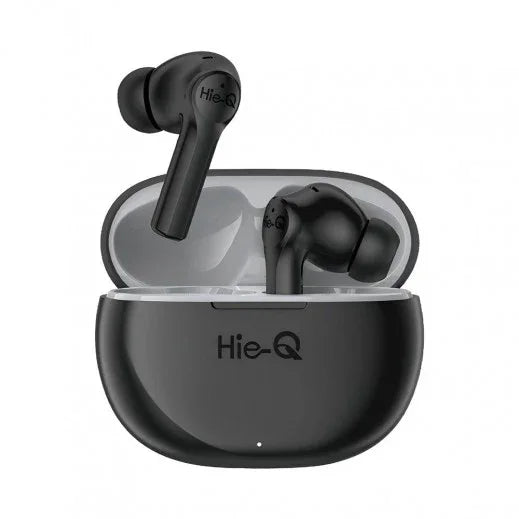 Three color options of Hie-Q B110 earbuds – black, blue, and white