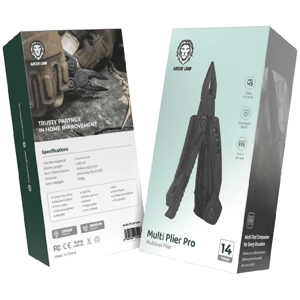 Green Lion multitool open showing all 9 functions and tools folded configuration