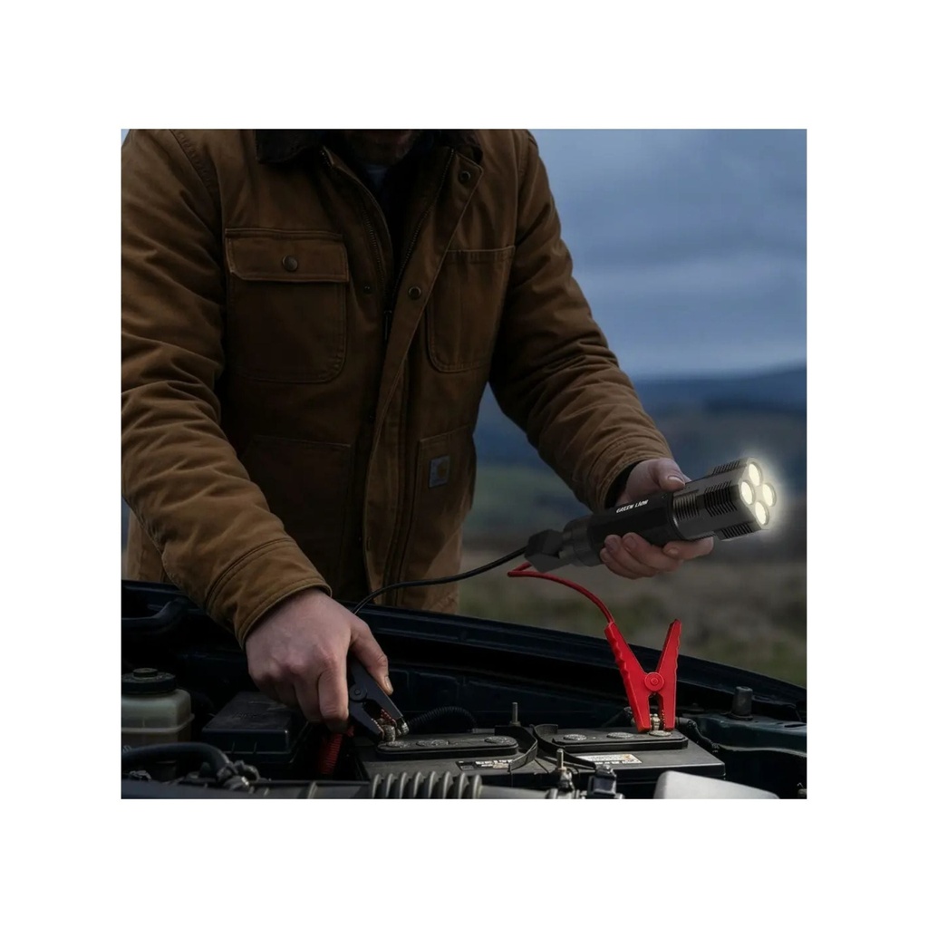 800A peak power jump starter with battery clamps and USB charging cable