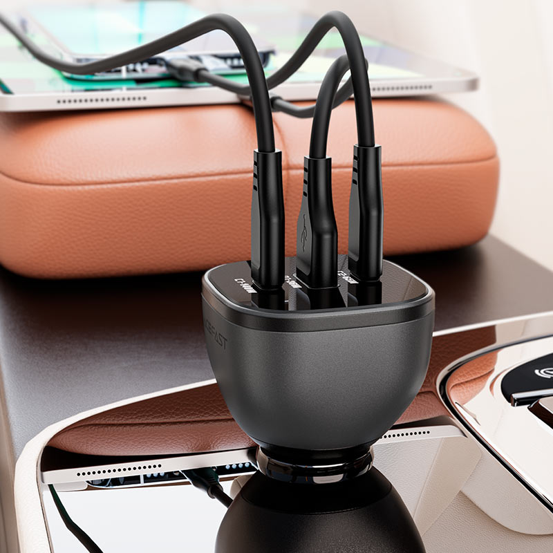 Close-up of three charging ports on Acefast B14 triple-port car charger