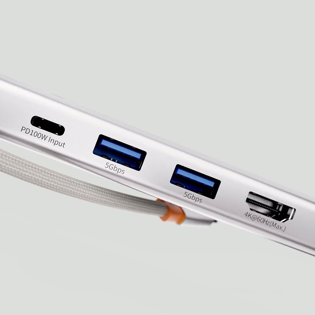 Close-up of USB-C connector and Gigabit Ethernet port on hub