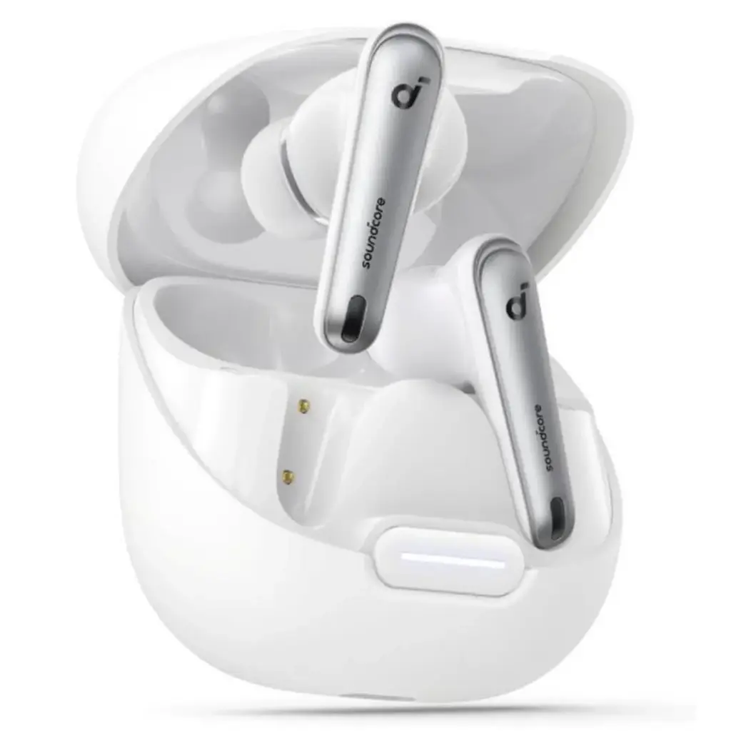 White wireless earbuds with charging port and cable detail