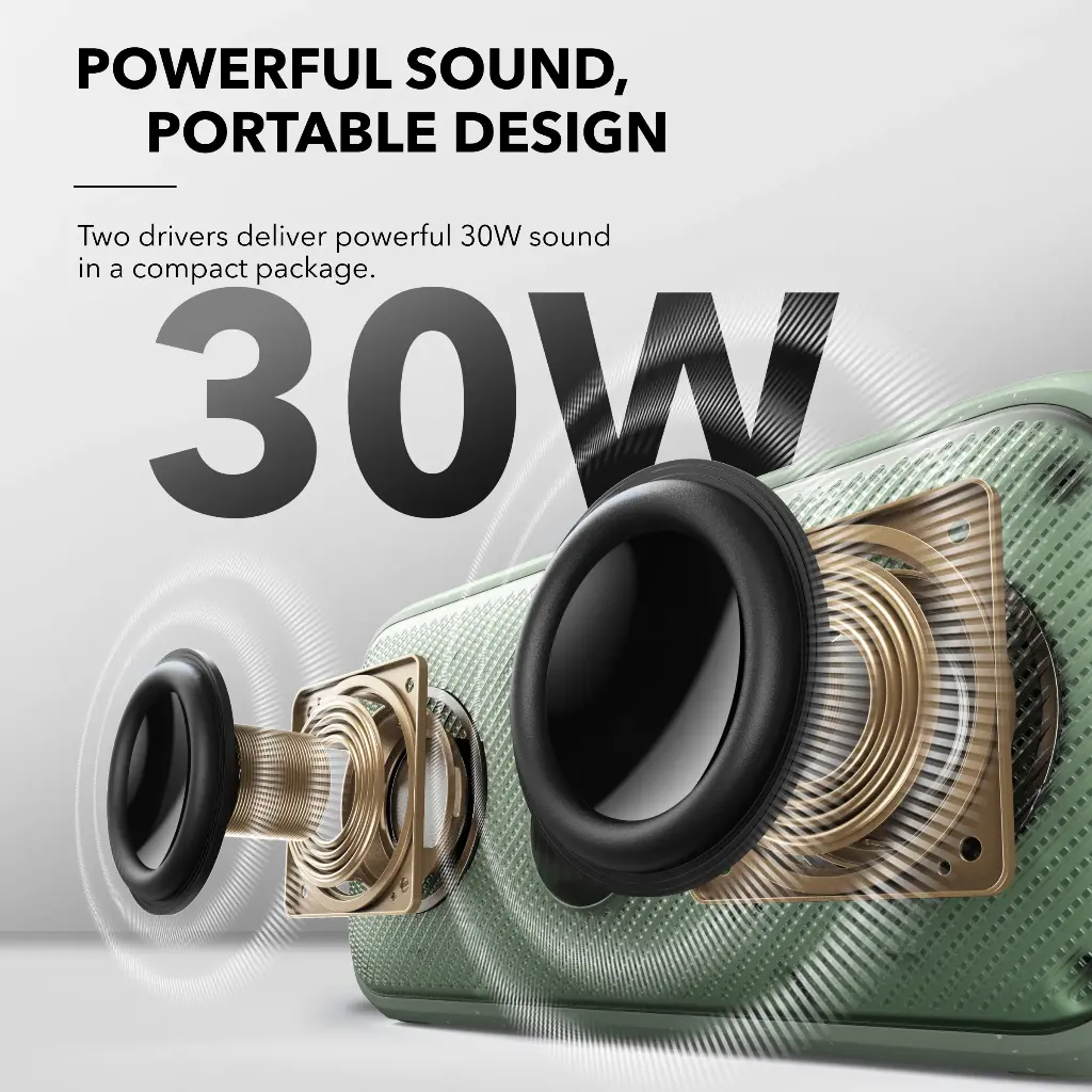 SoundCore Motion 300-V2 green speaker displayed with premium finish details