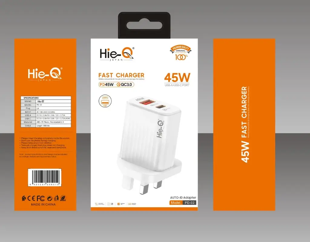 Hie-Q Fast Charger For iPhone and Samsung 45 W