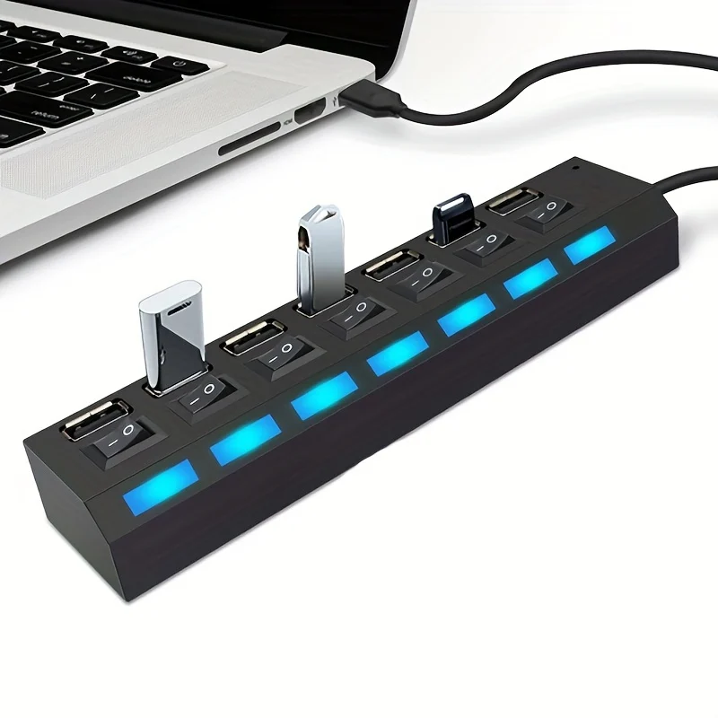 7 Ports With LED Light USB 2.0 Adapter Hub, With Independent Power On/Off