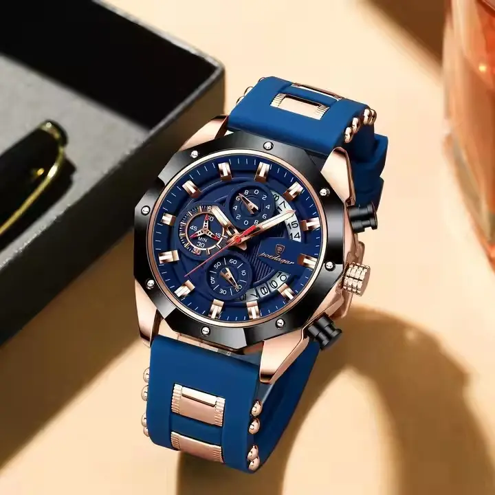 Poedagar 889 Chronograph Men Quartz Watches Waterproof Luminous Silicone Bracelet