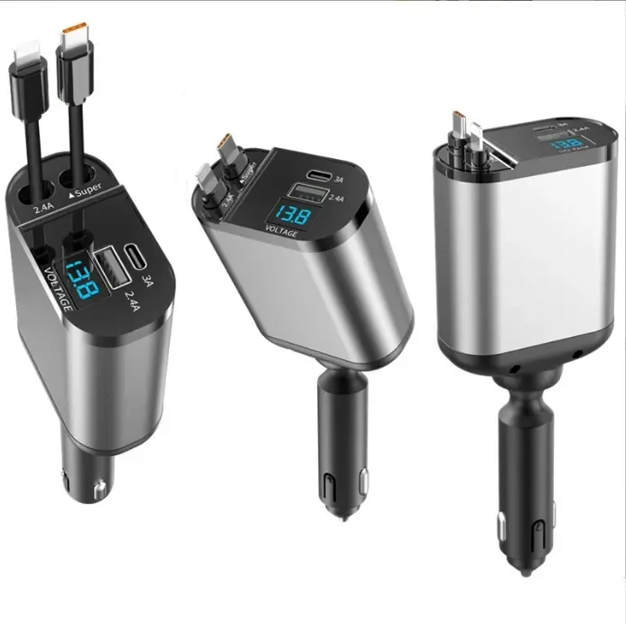 4 in 1 Fast Car Charger USB Type C Car Charger Fast Charge 60W With Retractable Cables