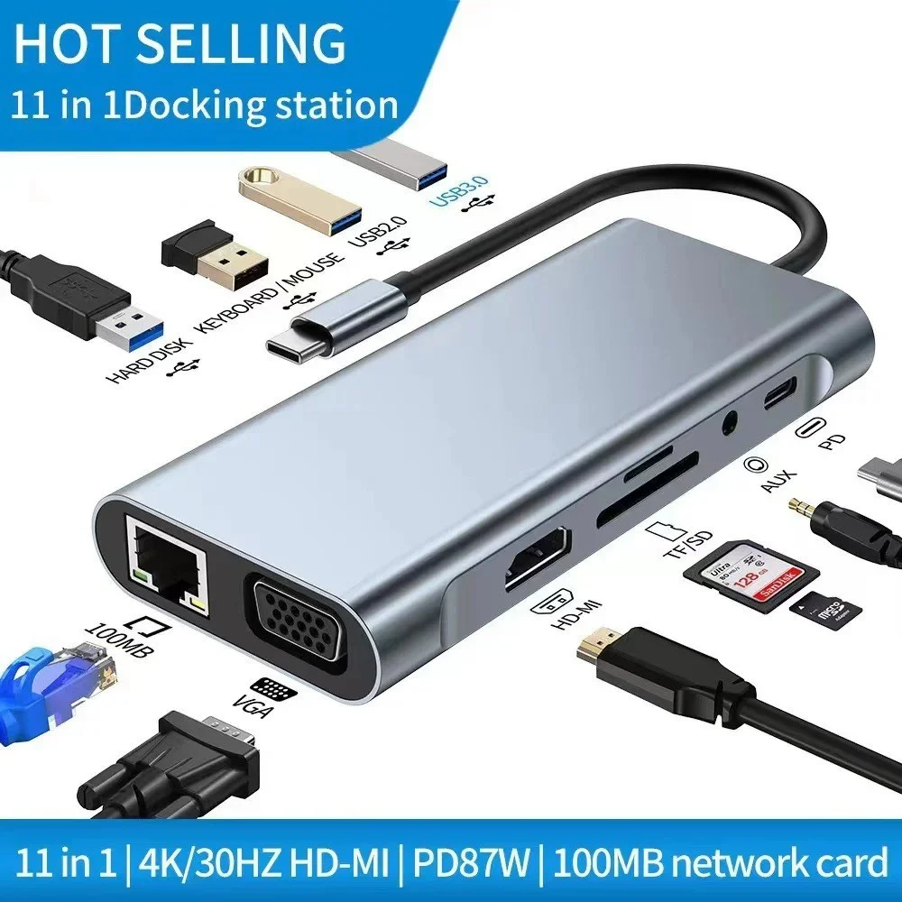 11 in 1Usb C Hub Docking Station Adapter for Laptop Usb 3.1 Type-C Hubs with HDMI VGA RJ45 SD TF Audio Pd 100w 