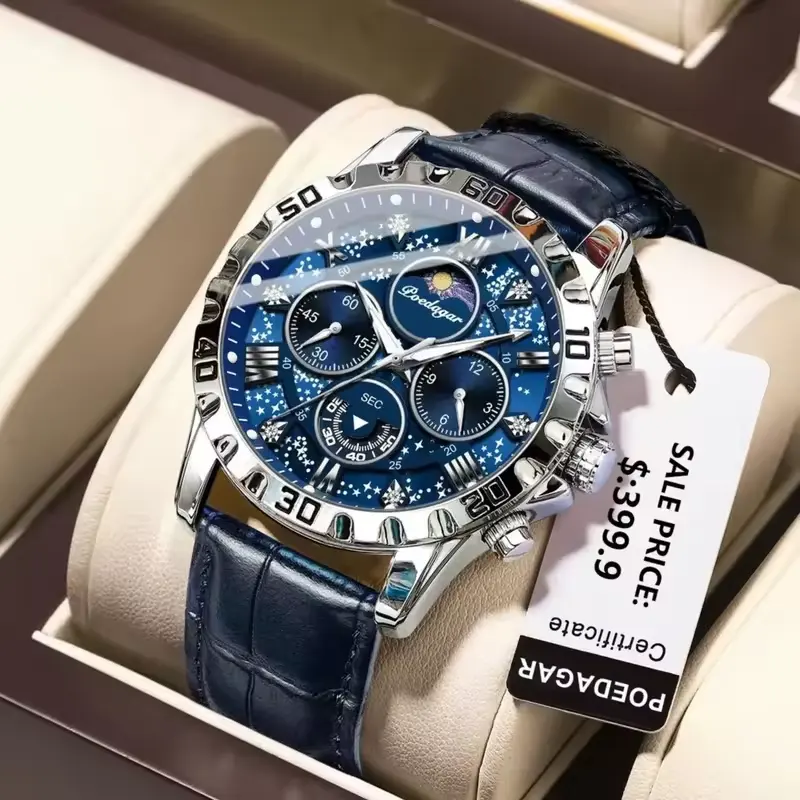 Poedagar High Quality Leather Luxury Mens Watch Chronograph Watch for Men