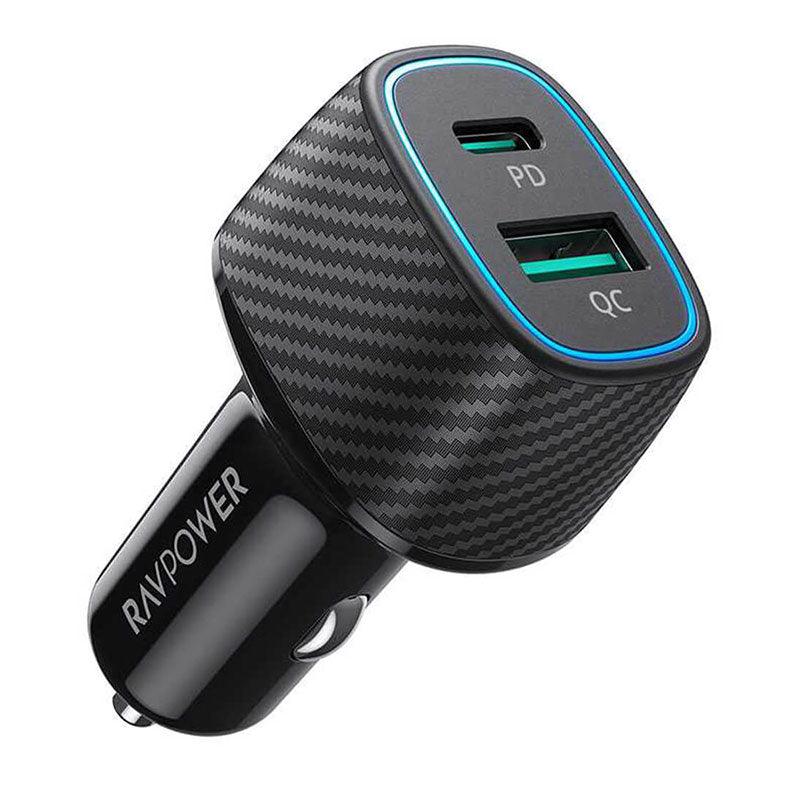 RAVPower RP-VC009 black car charger front view with dual USB ports