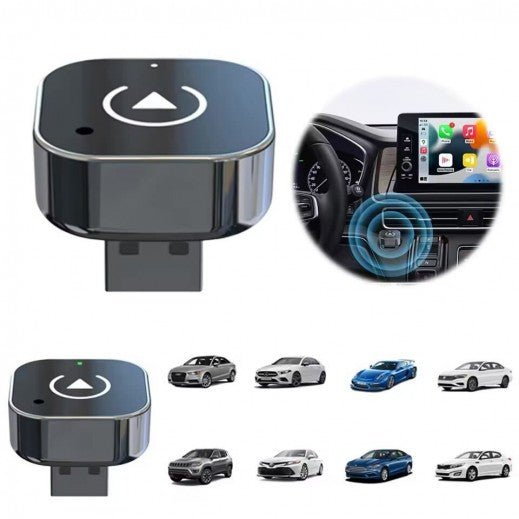 2-in-1 wireless CarPlay Android Auto USB adapter front view with 5GHz connectivity