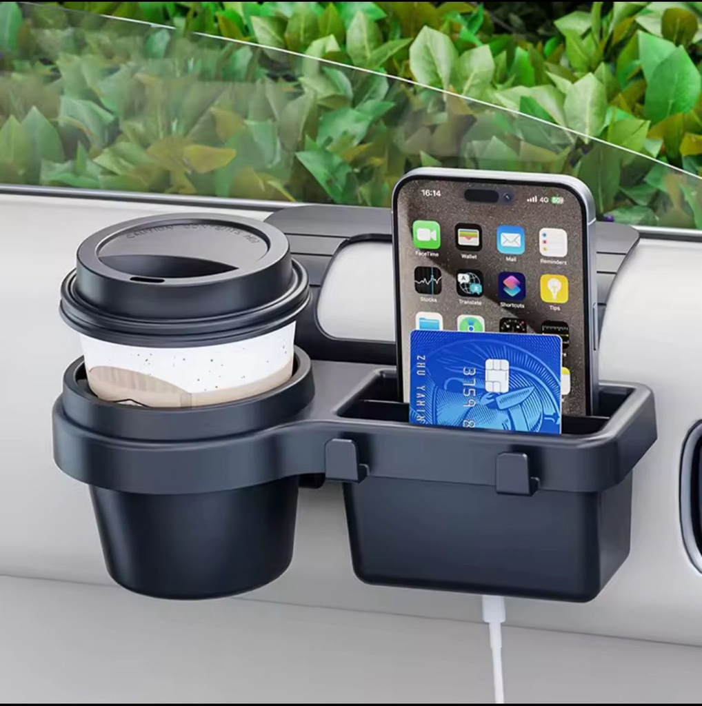 Black car door window storage box with integrated cup holder for vehicles