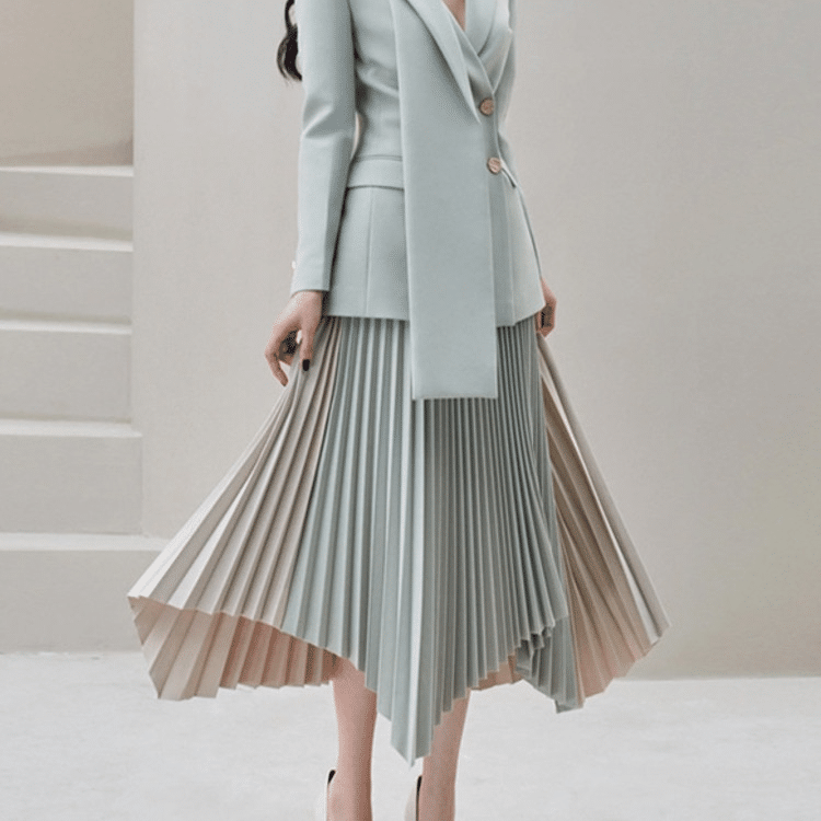 Set 2 Keping Wanita Fesyen DEAT Blazer Dua Payudara Bertakuk Baharu dan Skirt Berlipat Warna Pinggang Tinggi Kontras Musim Gugur 2022 17A271 Uellow