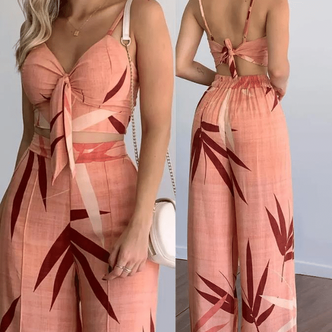 Women's Suit Sexy Sleeveless Backless Women's Outfits Leaf Print Crop Top Uellow